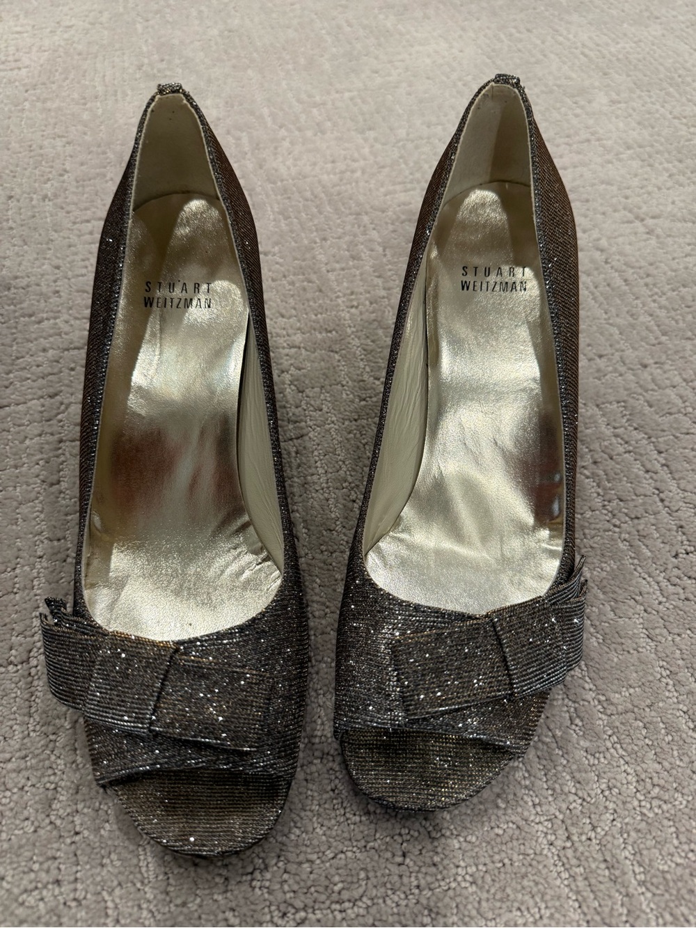 Stuart Weitzman Glitter Peep-Toe Pumps in Bronze Sparkle